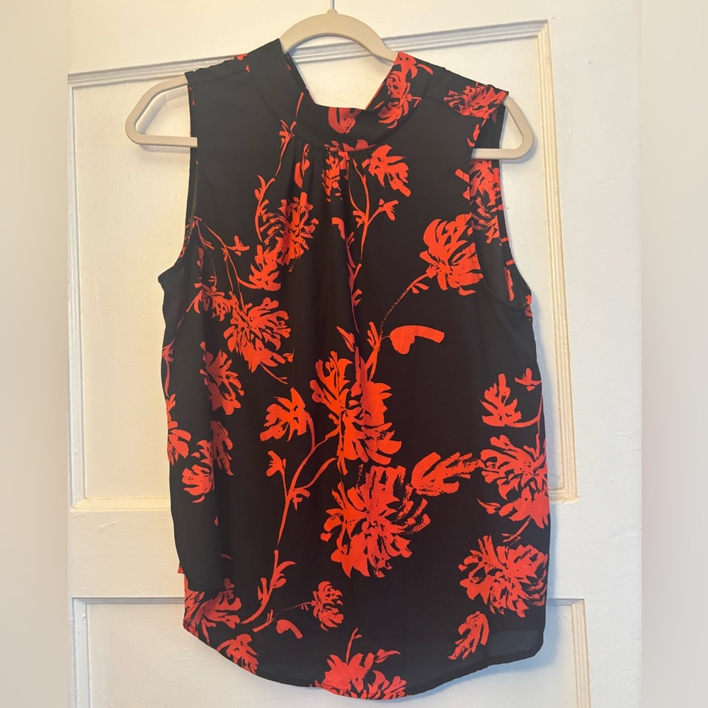 Sleeveless Black Top with Red Floral Print - Women